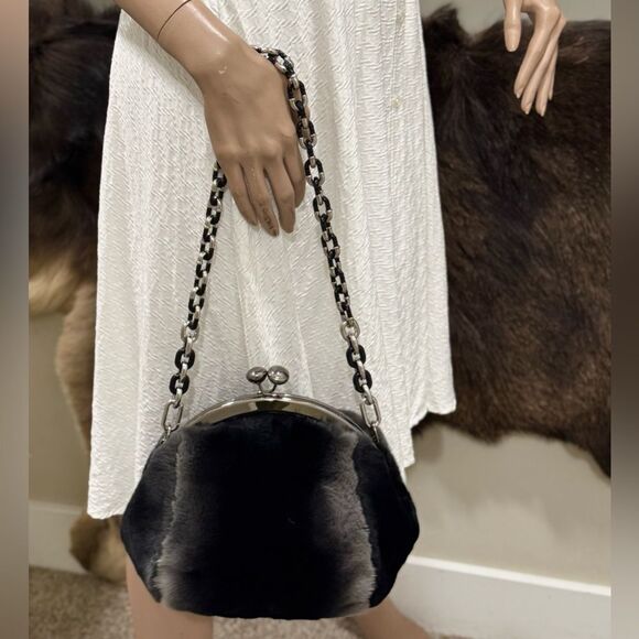 Black Gradient Handmade Real Rex Rabbit Fur Kiss-lock Shoulder Bag/Crossbody - Picture 4 of 14